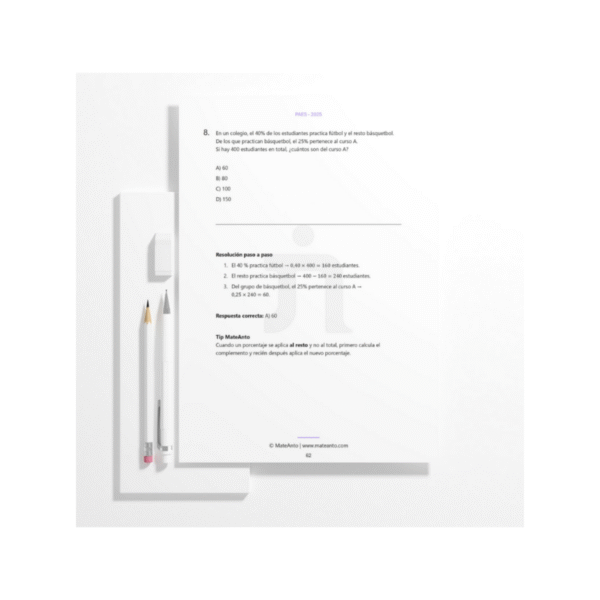 Vista interior del libro digital con ejercicios estilo PAES M1.
