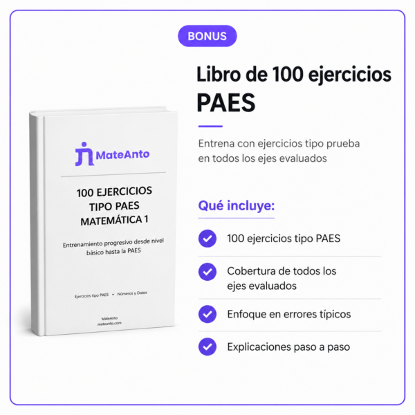 Libro de 100 ejercicios PAES Matemática 1 MateAnto con ejercicios tipo prueba y resolución paso a paso