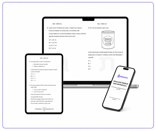Simulacros PAES Matemática 1 MateAnto en computador, tablet y celular con acceso online