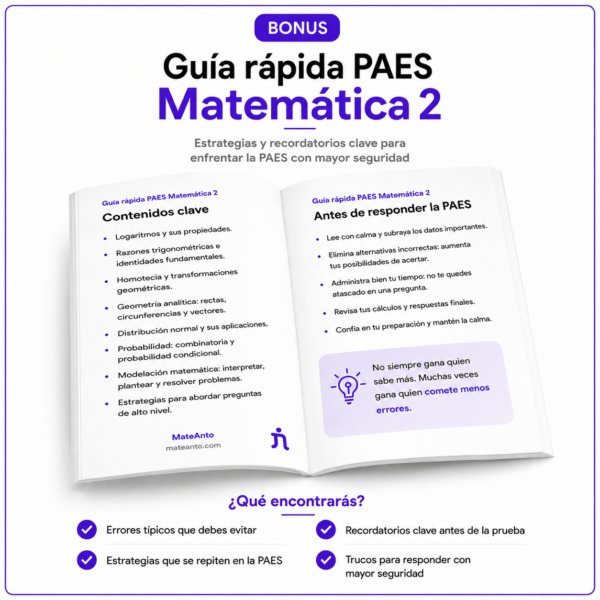 Guía rápida PAES Matemática 2 de MateAnto con estrategias, recordatorios clave, errores frecuentes y consejos para responder la prueba con mayor seguridad.