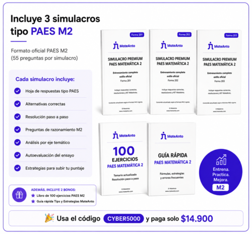 Pack Premium PAES Matemática 2 de MateAnto con tres simulacros oficiales estilo PAES (Formas 201, 202 y 203), libro de 100 ejercicios PAES M2 y guía rápida de fórmulas, estrategias y errores frecuentes.