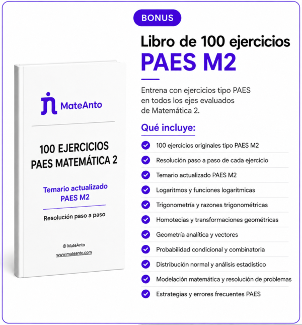 Pack Premium PAES M2 de MateAnto con 3 simulacros de 55 preguntas, libro de 100 ejercicios y guía rápida de fórmulas y contenidos.