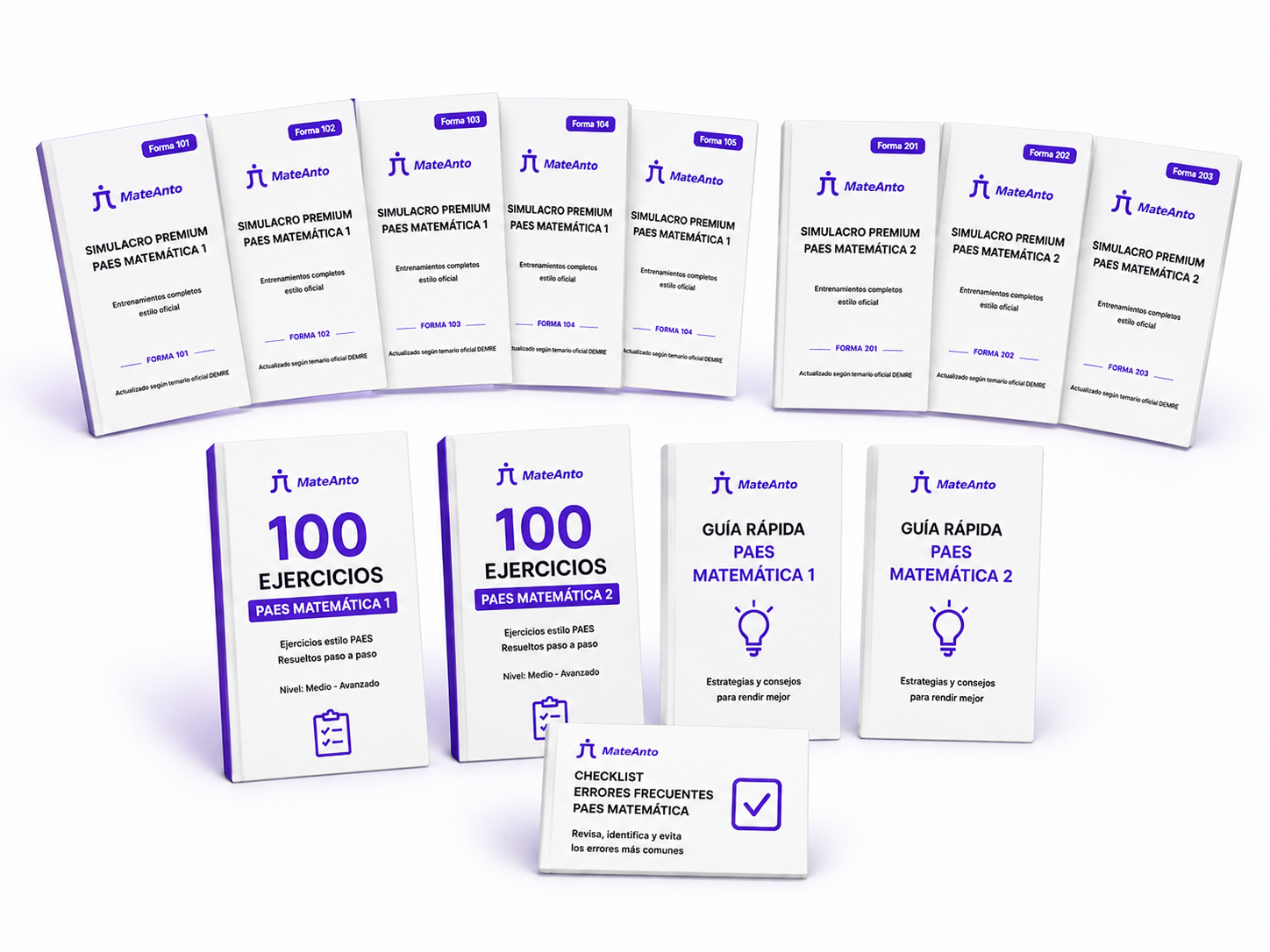 Pack completo PAES Matemática 1 MateAnto con 5 simulacros tipo PAES, libro de 100 ejercicios, tips clave y guías de práctica